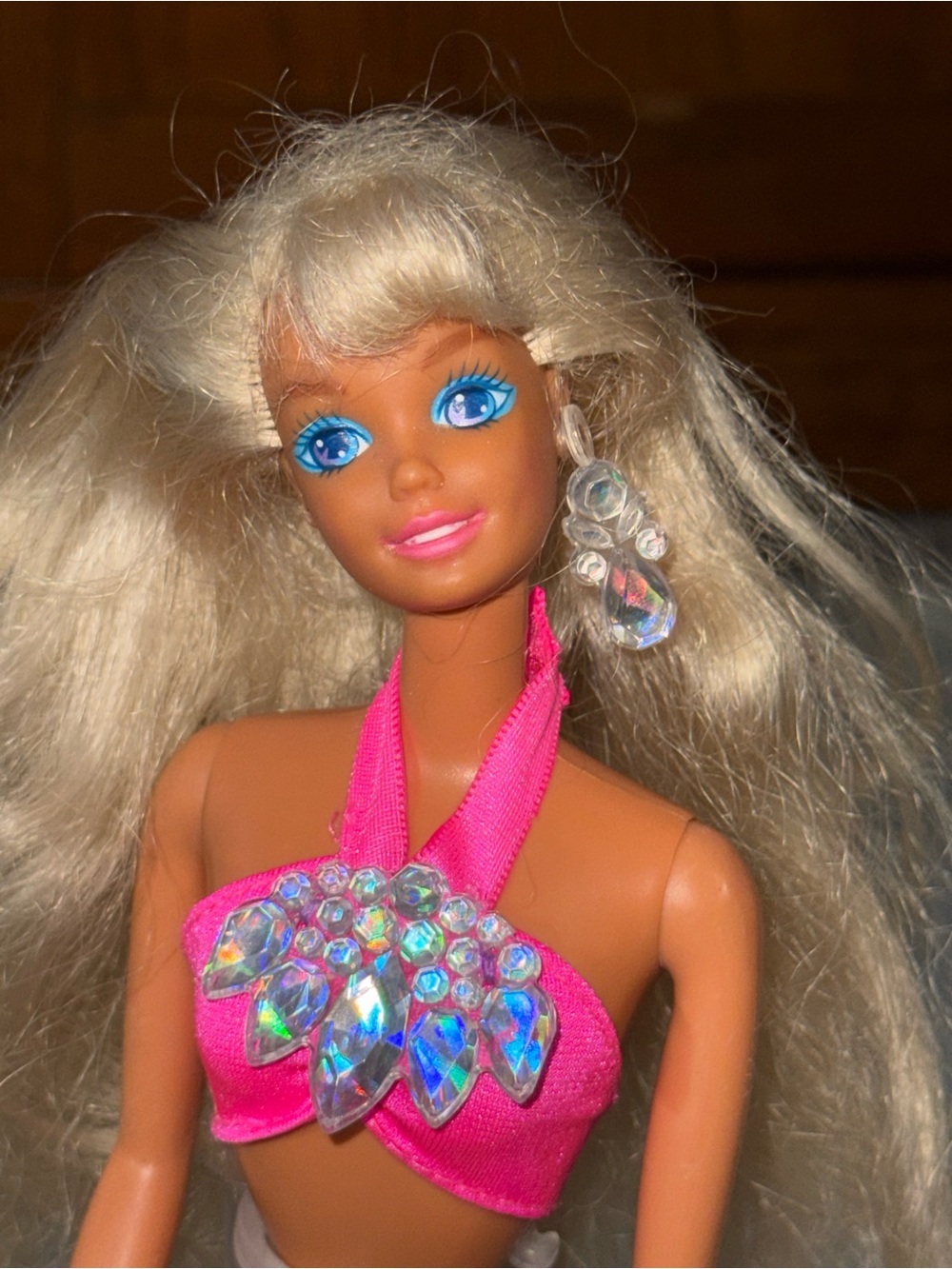 Mattel Barbie 11”  vintage doll pink bikini top rhinestones matching earring